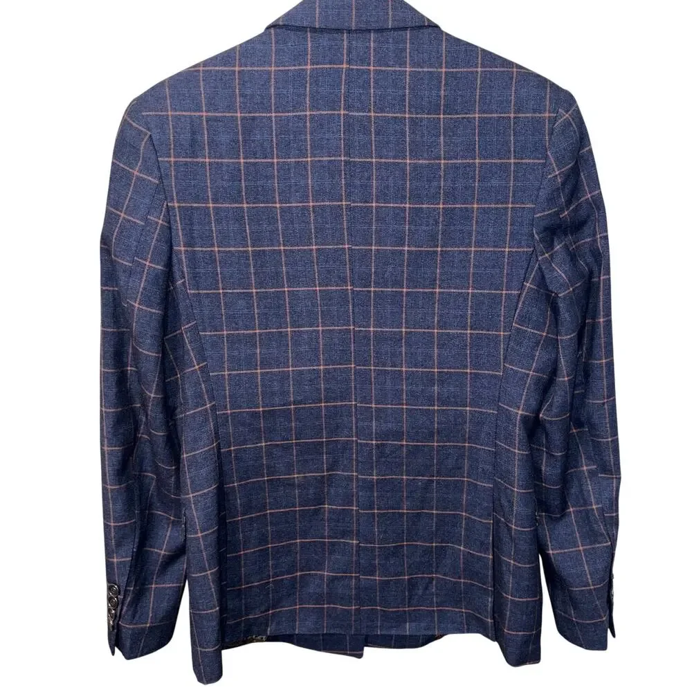 Slatl & Dean Luxury Men's Navy‎ Blue Windowpane Double Breasted Blazer Jacket